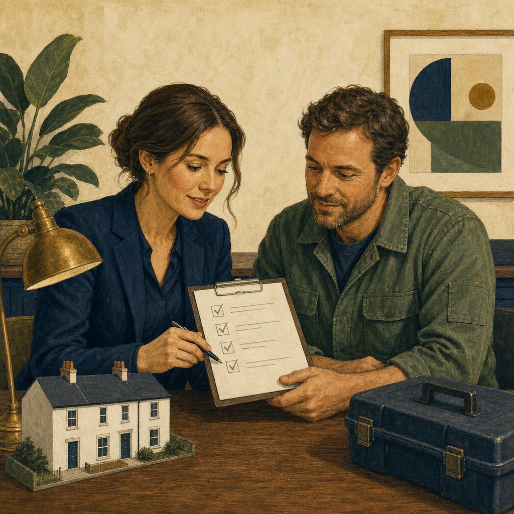 Letting agent and maintenance contractor reviewing a repair checklist beside a model house in a warm illustrated office