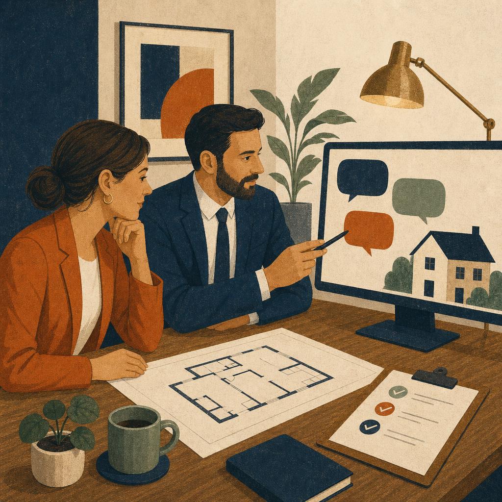 Two estate agents reviewing a property floorplan and viewing feedback in a navy, cream, orange and sage editorial illustration