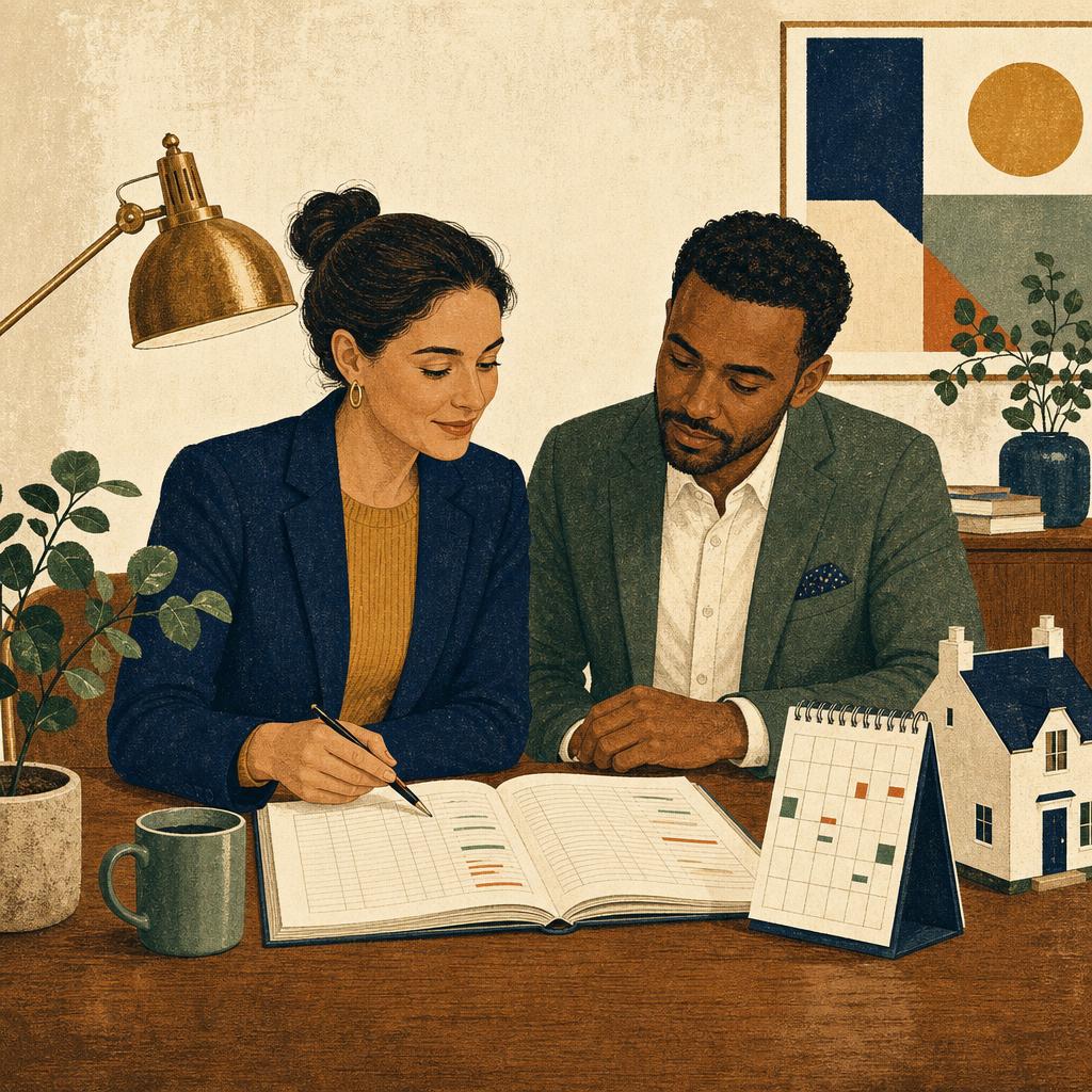 Letting agent reviewing a rent ledger and a considerate tenant follow-up plan at a desk